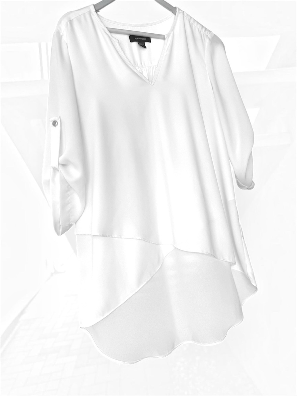 Karen Kane White Layered Crossover V-Neck Blouse Roll-Tab Sleeves Asymmetrical